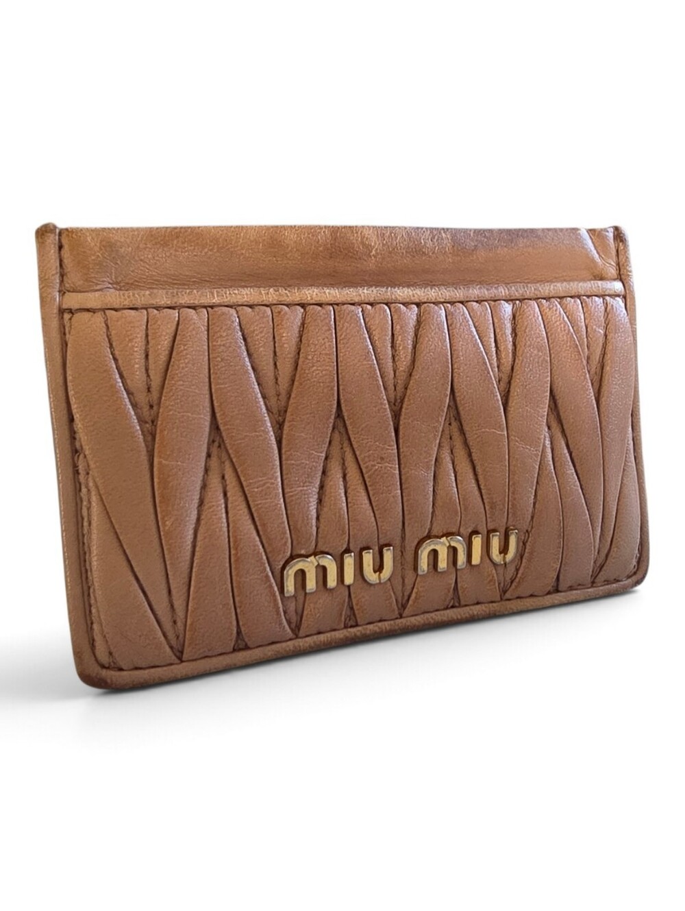 Miu Miu Tan Matelassé Leather Card Case with Gold Logo